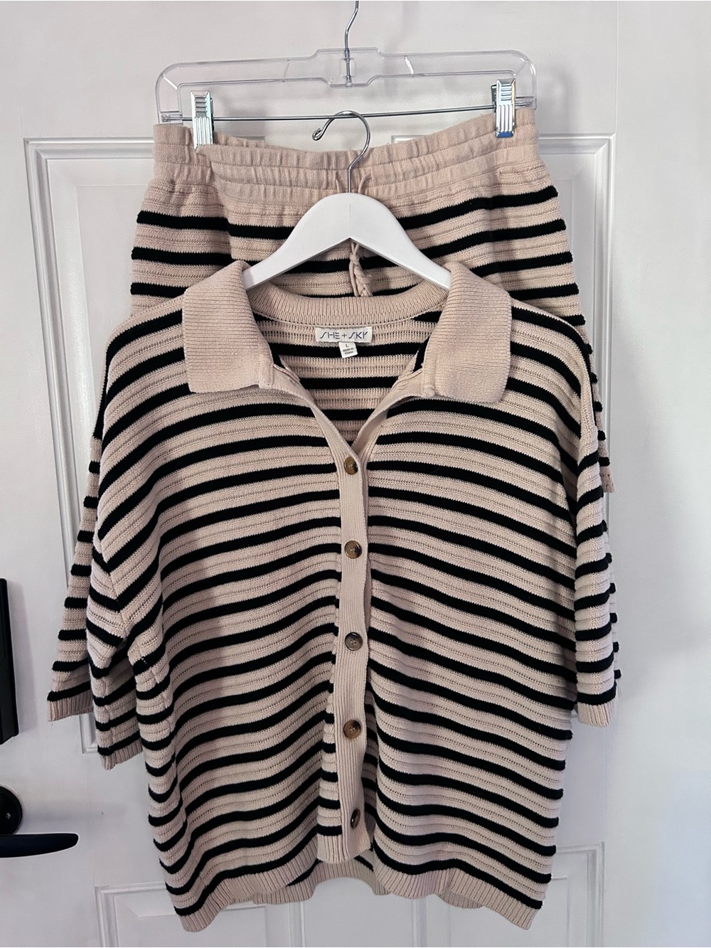 She + Sky Beige and Black Striped Button-Front Knit Top